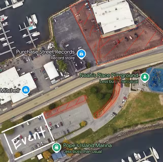 Map of designated Oktoberfest parking areas near Pope's Island Marina, with shuttle-accessible garages nearby